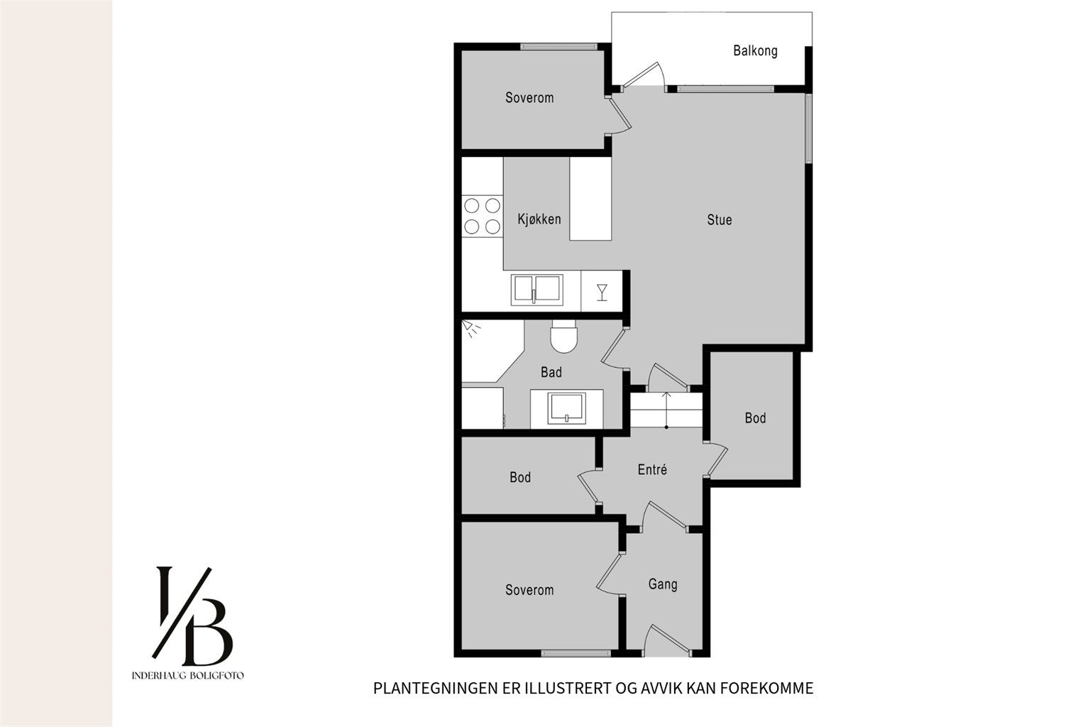 Plantegning. Leiligheten har en meget god og unik planløsning med soverom i hver ende av leiligheten, ekstremt god takhøyde og 2 store boder. Leiligheten har tidligere vært en butikk.