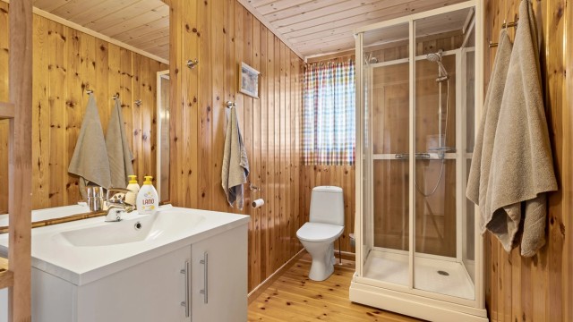 Bad med wc, servant i seksjon og dusjkabinett. (Rommet er ikke godkjent som våtrom).