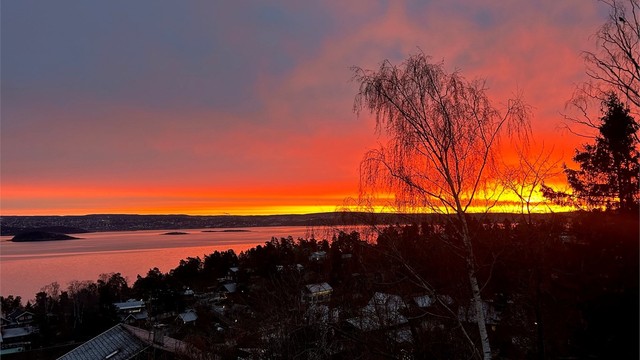 Selgers foto: Morgenhimmelen gløder over Oslofjorden og gir en helt unik start på dagen – sett fra egen stue.