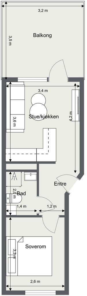 Plantegningen viser leilighetens romfordeling med entré, bad, soverom og stue/kjøkken.