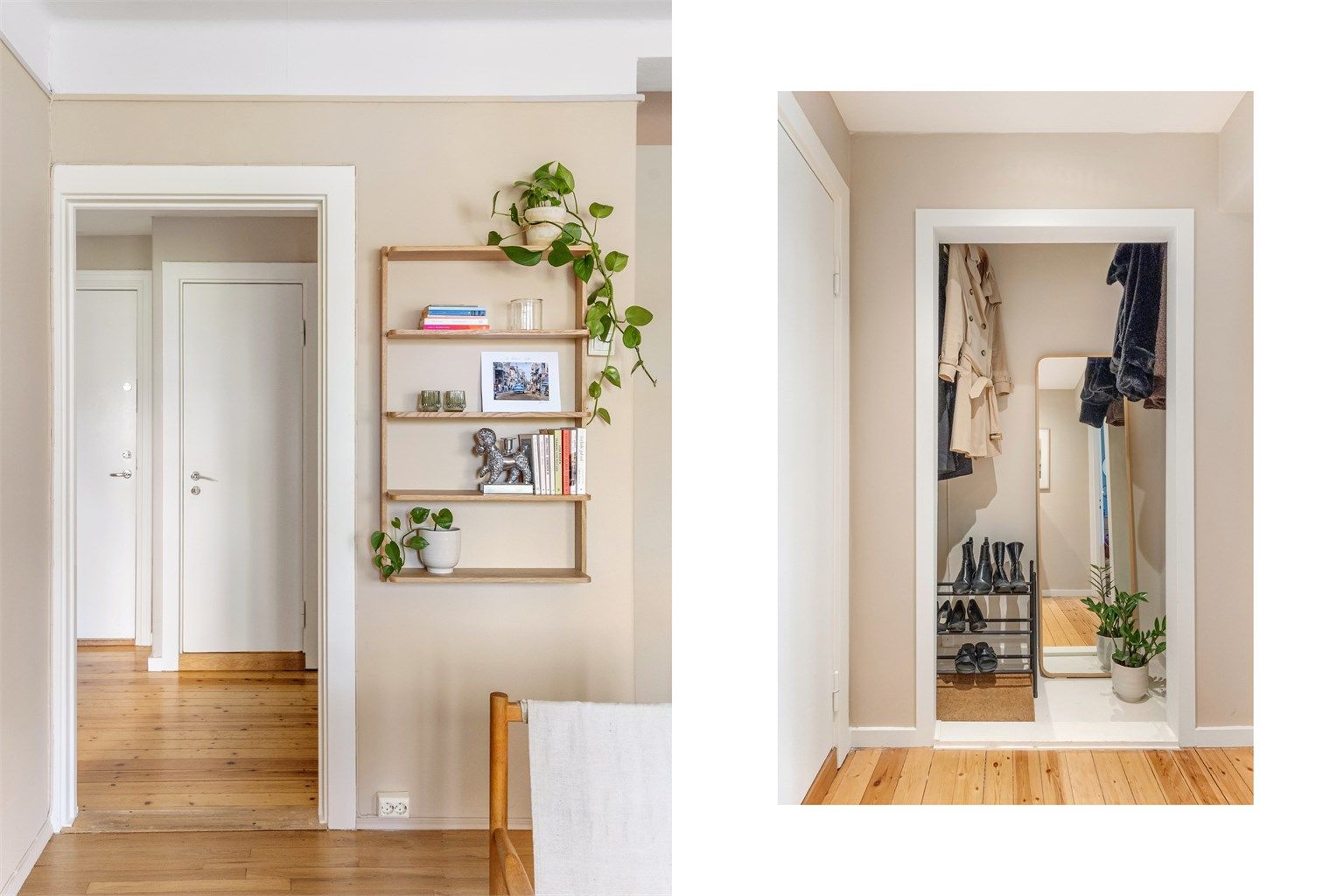 Garderobenisjen i gangen gir god plass til sko og yttertøy. I tillegg disponerer leiligheten en kjellerbod på ca. 2 m².