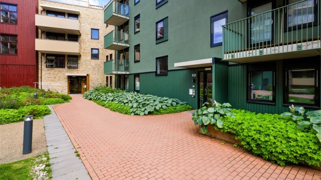 Inngang fra bakgård. Det er også mulig å gå innfra bakkeplan.