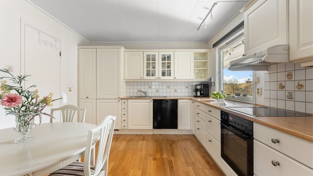 Pent kjøkken med profilerte fronter på skap og skuffer, benkeplate i laminat med nedfelt kjøkkenvask og veggfliser mellom benkeplate og overskap