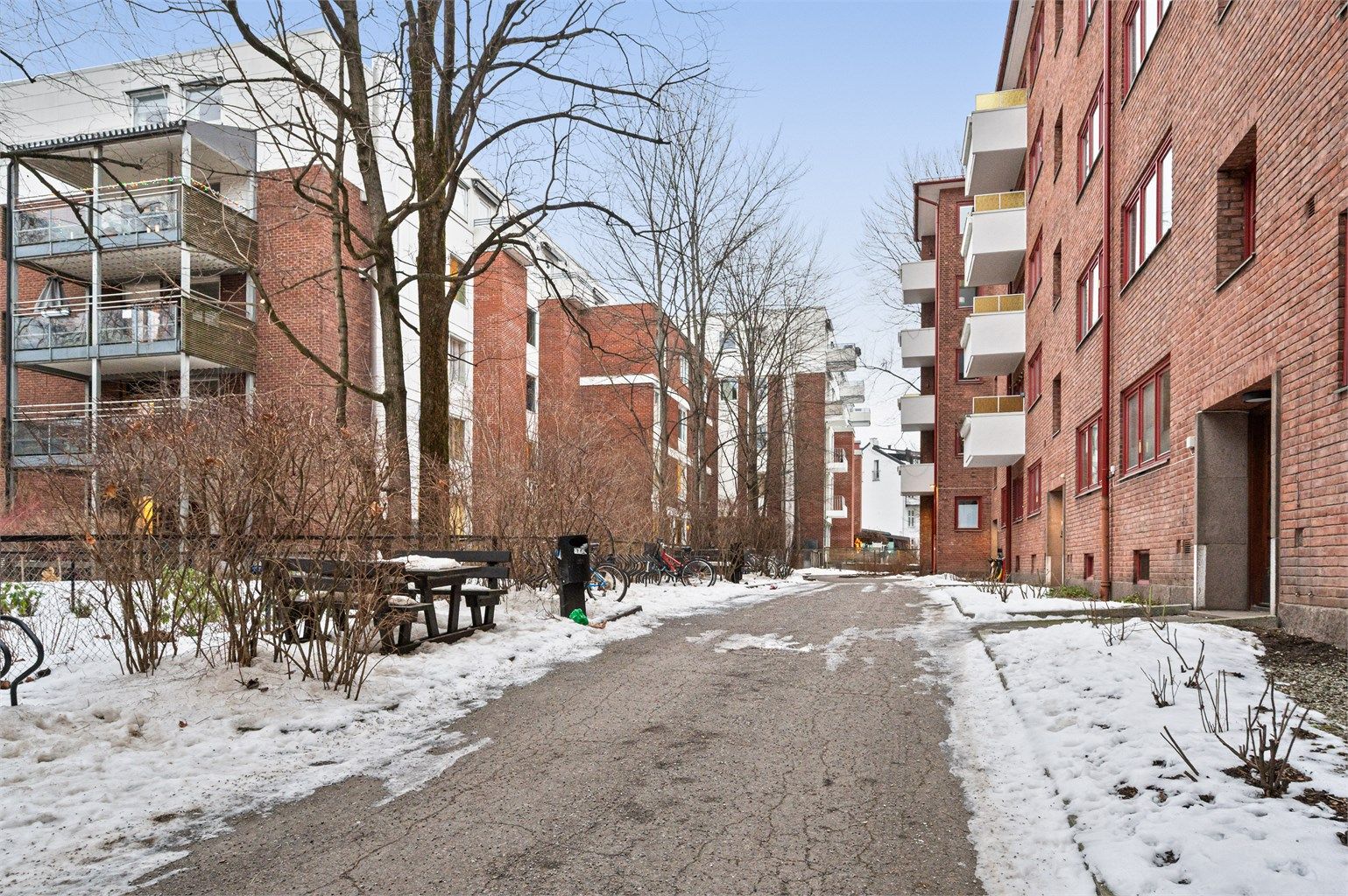 Felles tomt opparbeidet med blant annet: Asfalterte internveier, gressplen, trær, prydbusker og diverse beplantning.