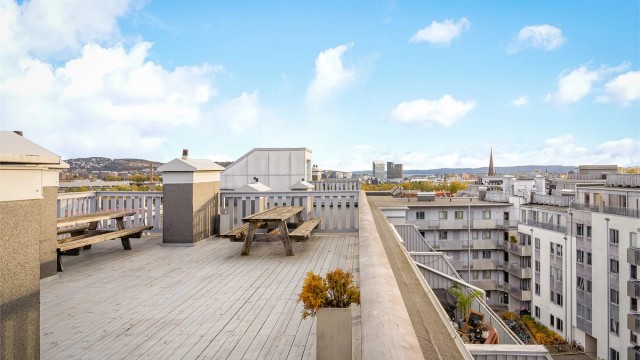 Felles takterrasse med nydelig utsikt over Oslo by og masser av sol