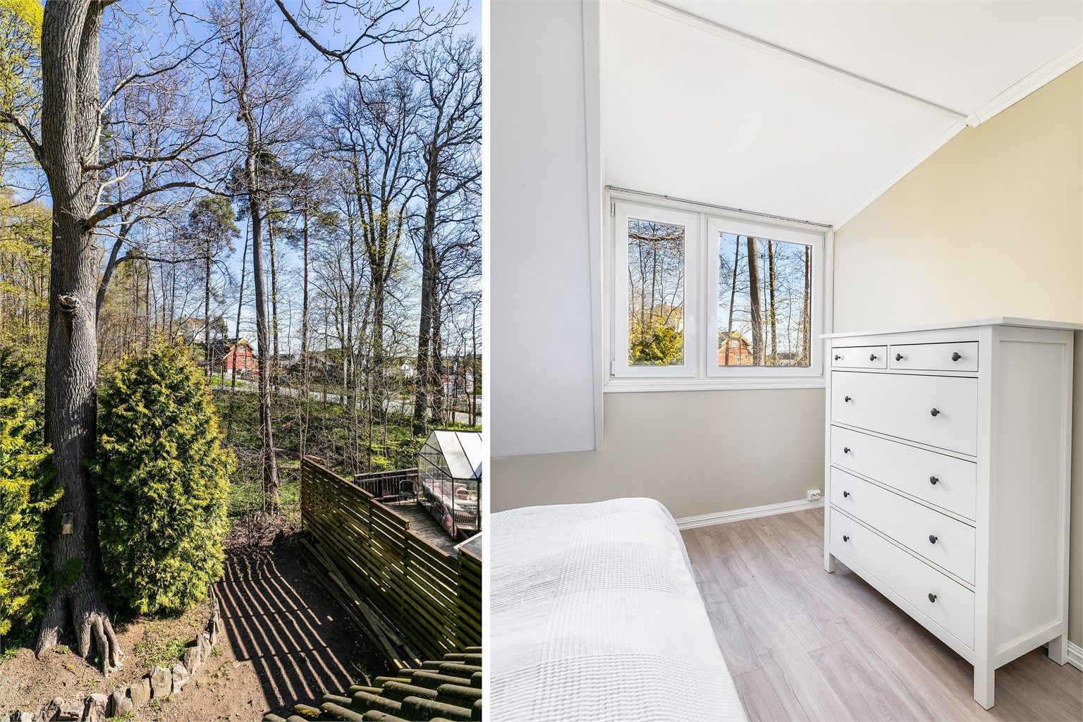 Løvtrærne i skogholtet ovenfor er et pent skue å våkne til. Vinduene i andre etasje ble skiftet ut i 2020.