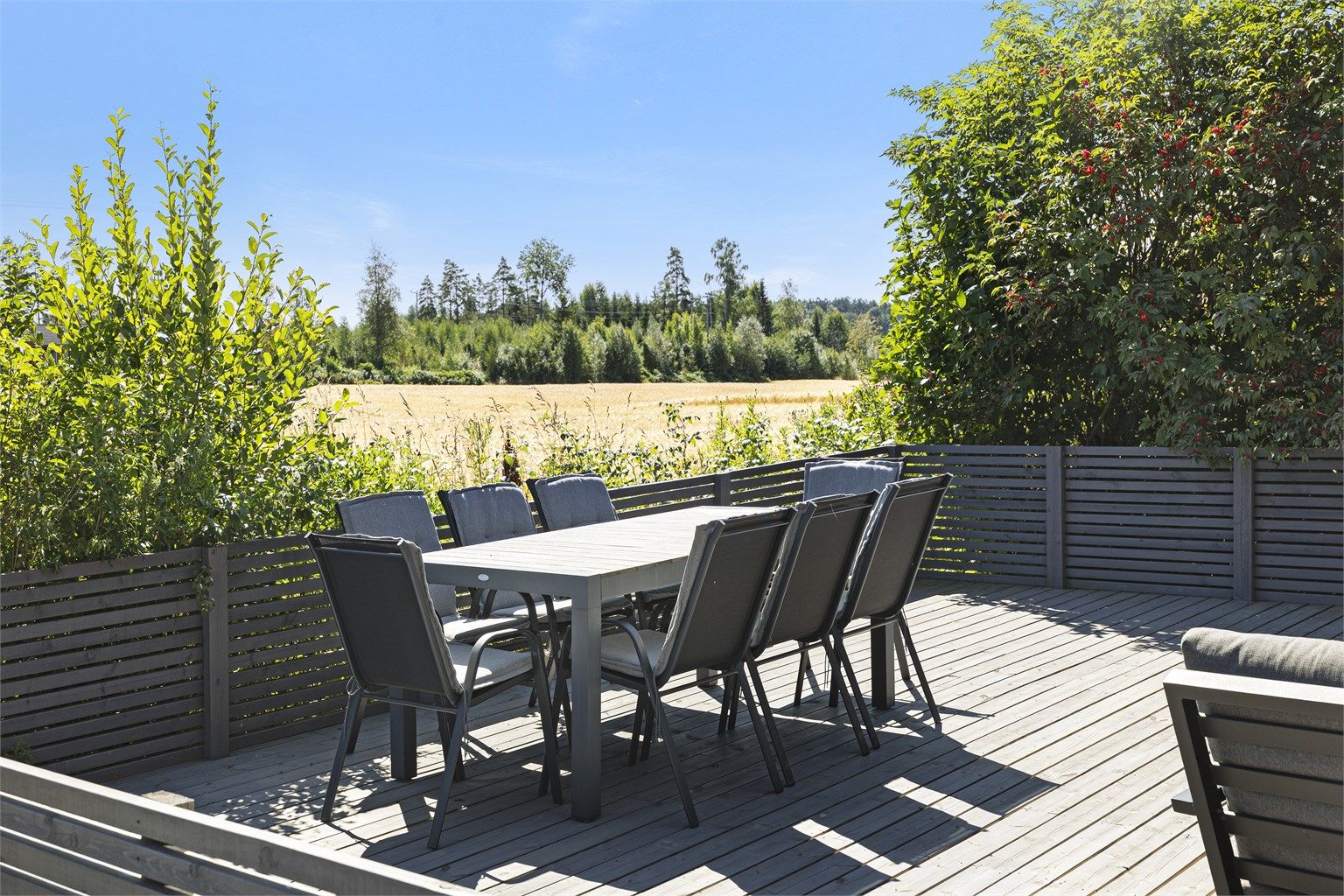 Terrassen har god plass til både spisebord og loungegruppe.