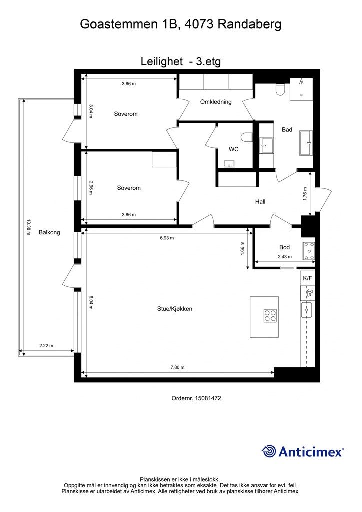 Leiligheten har en effektiv planløsning på 117 m² BRA, med to soverom, walk-in-closet og en sosial, åpen sone for stue og kjøkken.