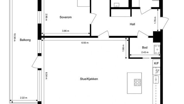 Leiligheten har en effektiv planløsning på 117 m² BRA, med to soverom, walk-in-closet og en sosial, åpen sone for stue og kjøkken.