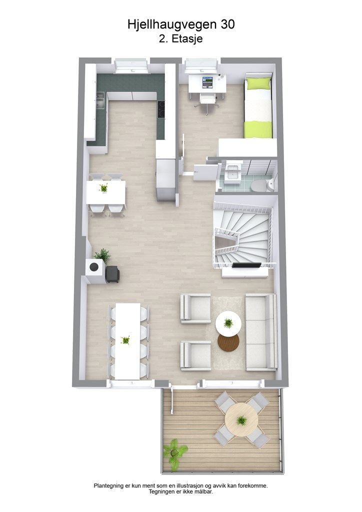 Andre etasje er viet til de sosiale sonene, med en åpen løsning mellom stue og kjøkken, samt et soverom og toalettrom.