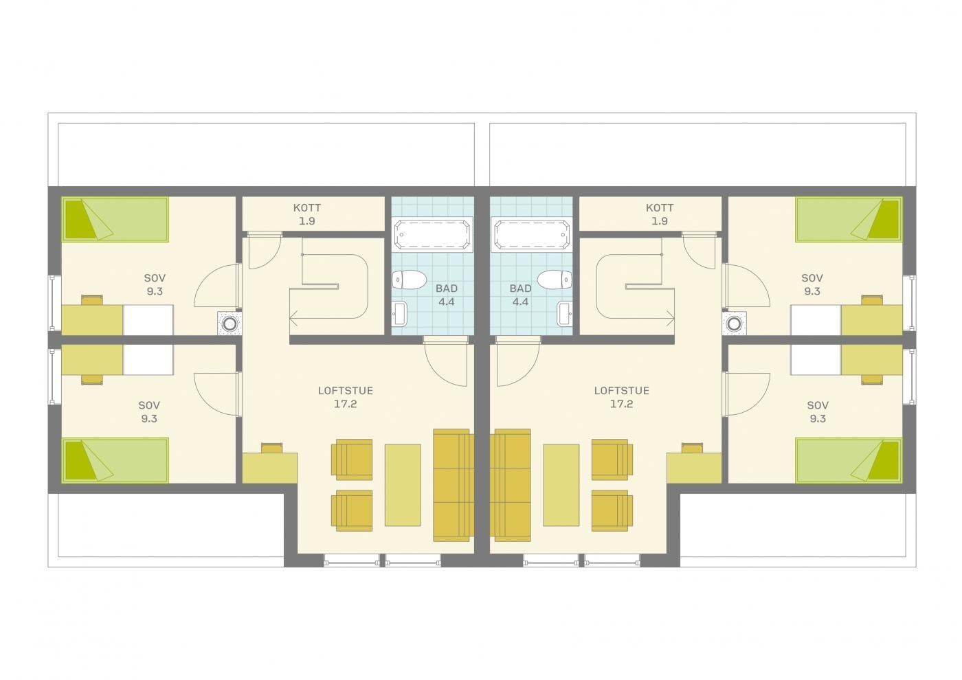 Plantegning 2. etasje. Plantegning av begge enheter fra tidligere salg. 