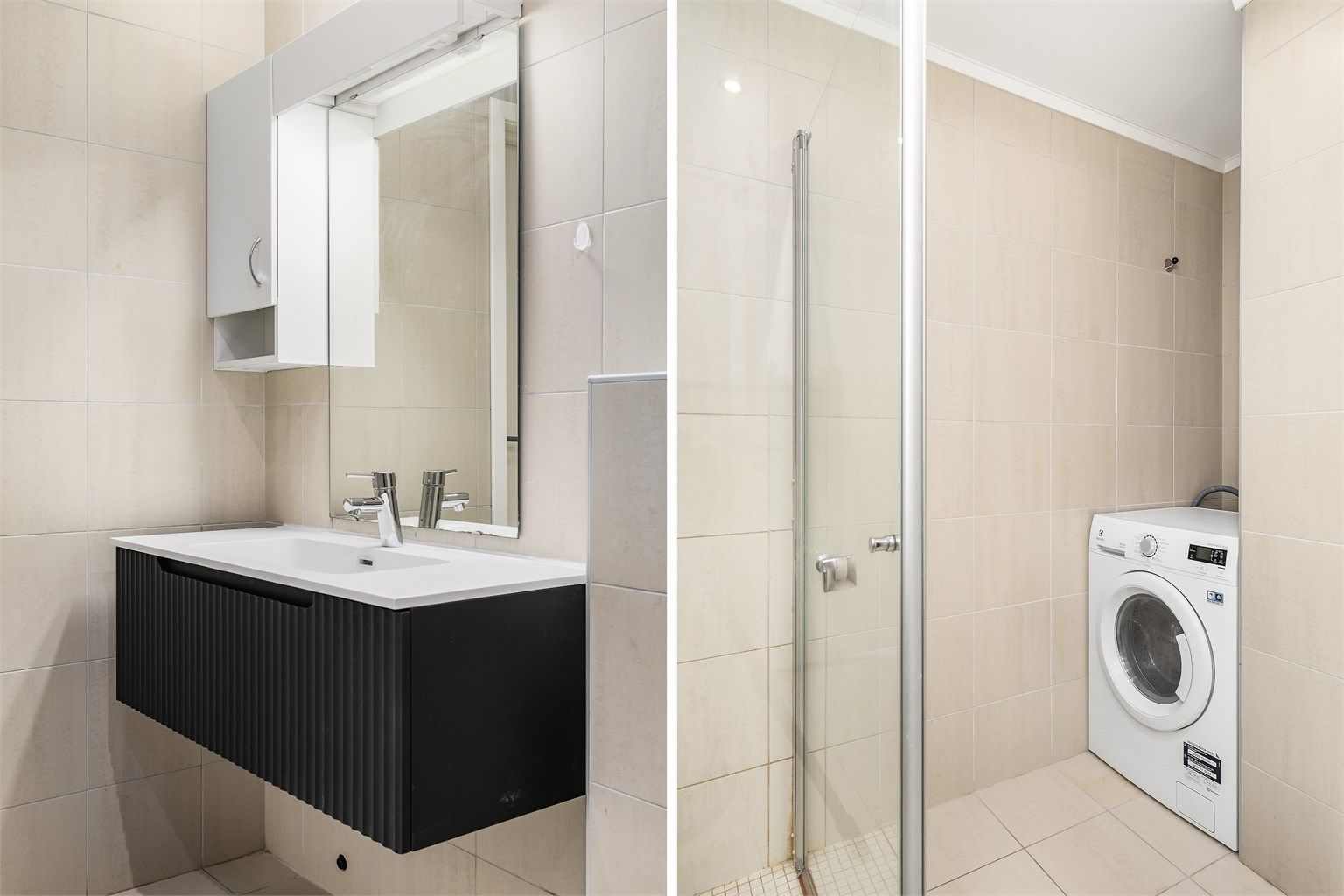 Vaskemaskin og tørketrommel har en dedikert og lite fremtredende plass i nisjen innerst på badet.