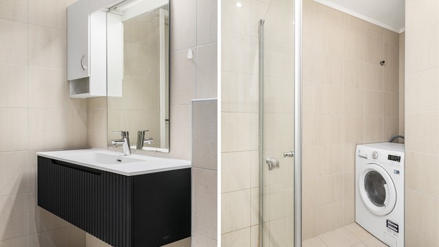 Vaskemaskin og tørketrommel har en dedikert og lite fremtredende plass i nisjen innerst på badet.