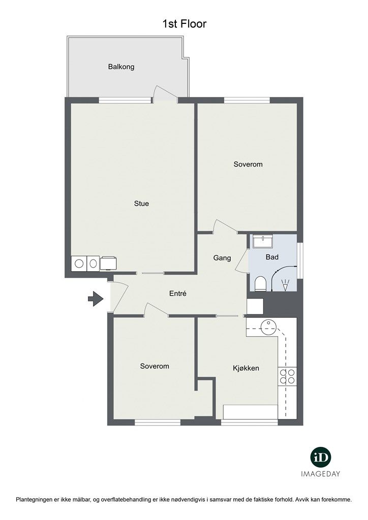 Alternativ planløsning med 2 soverom - leiligheten er opprinnelig godkjent med 2 soverom