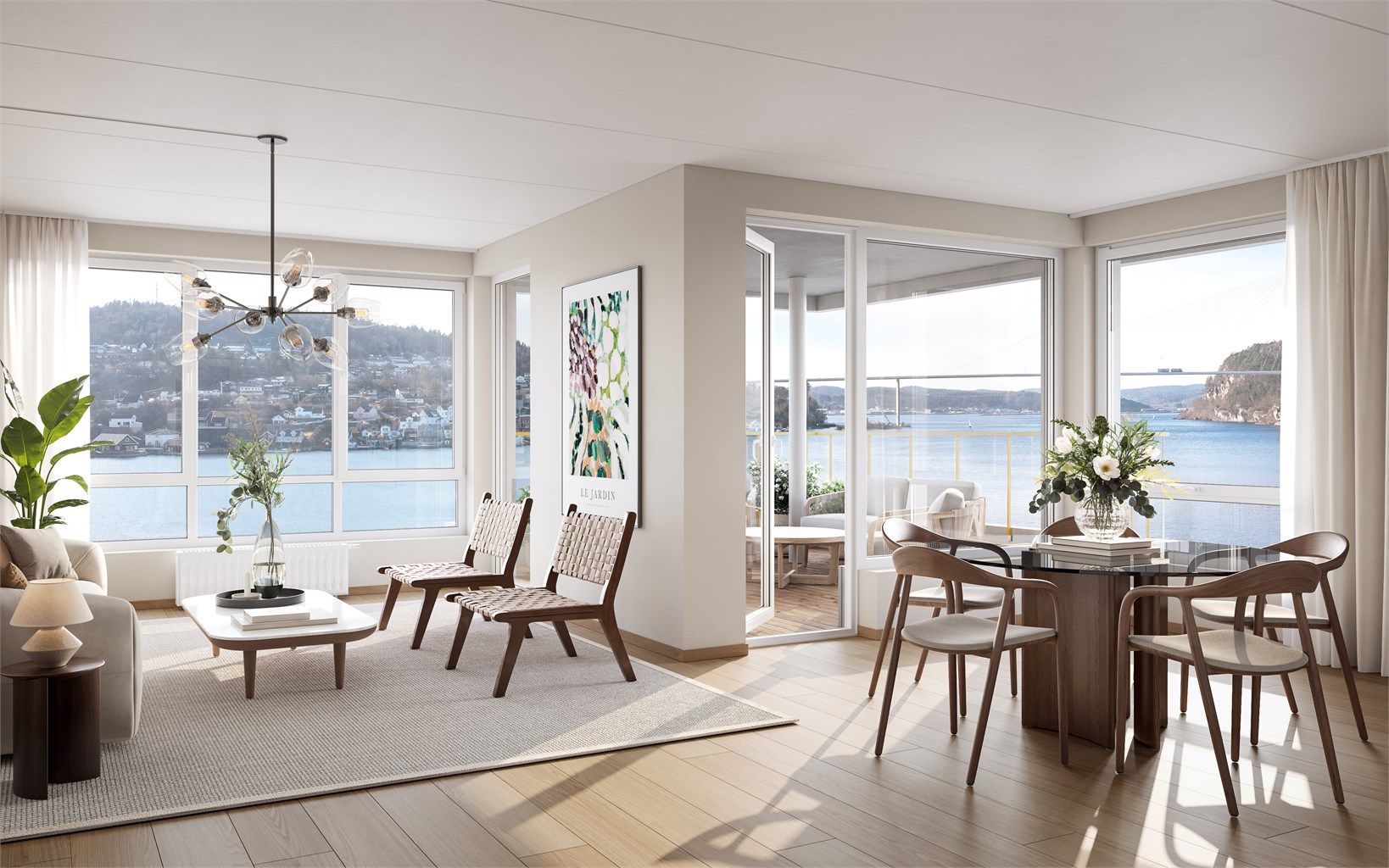 Illustrasjon på interiør hjørneleilighet mot vest.