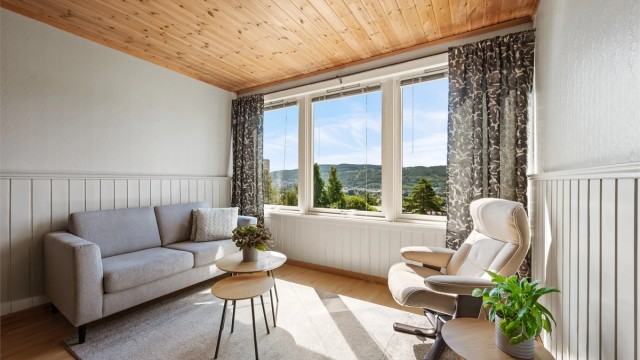 Stue med sofaområde og sittegruppe.