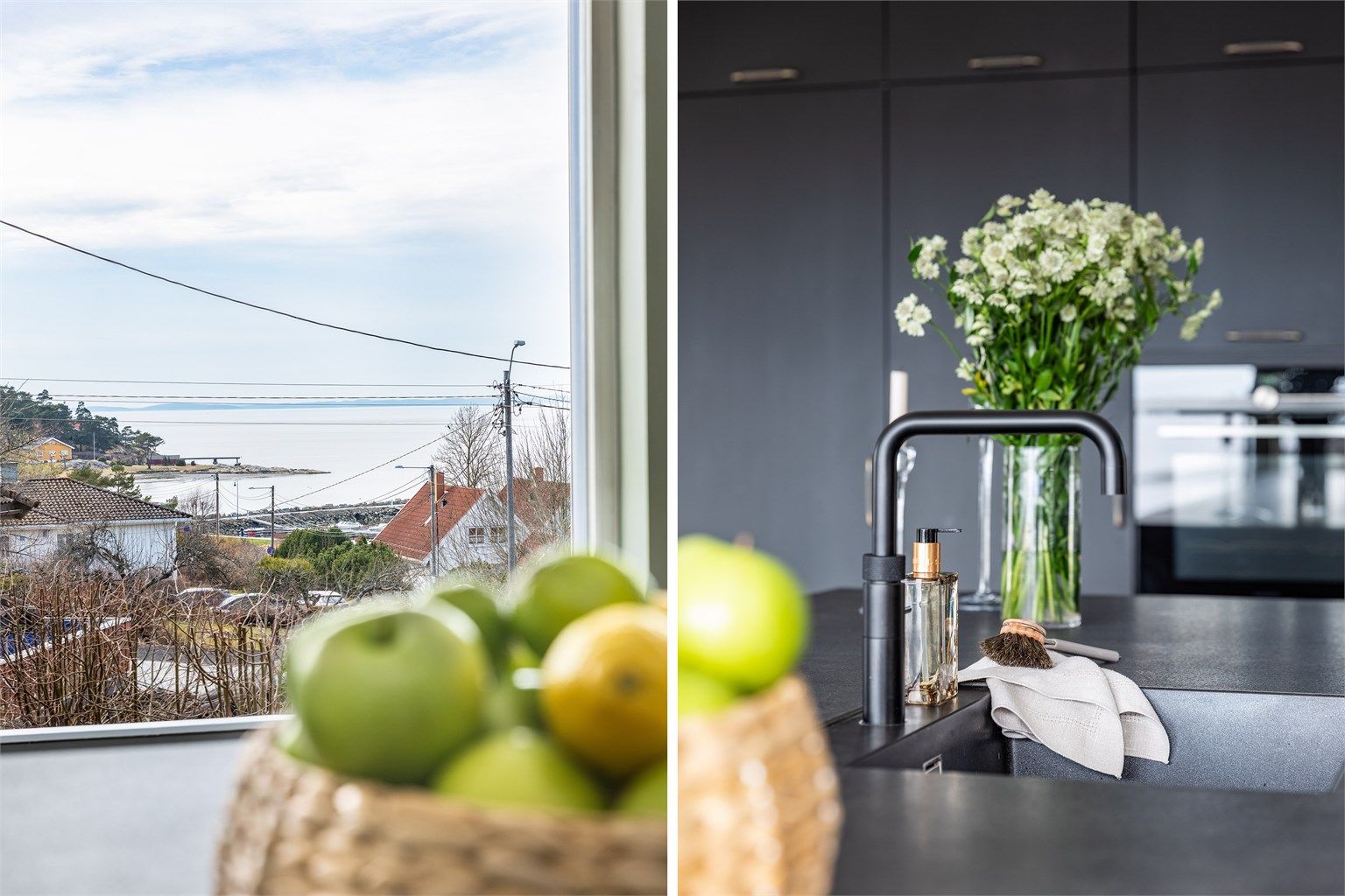 Utsikten får du glede av også på kjøkkenet. Det er quooker kran på kjøkkenet.