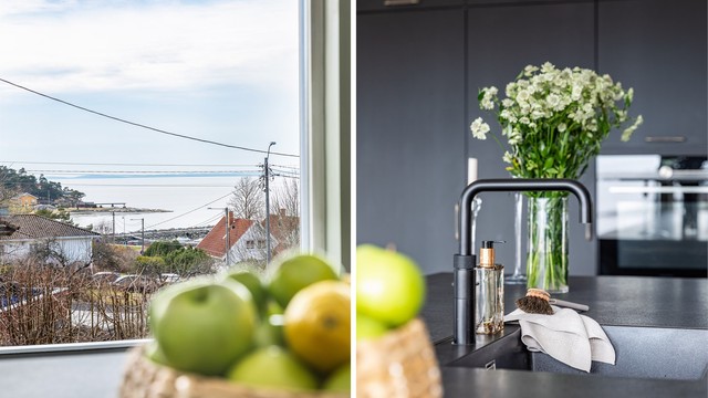 Utsikten får du glede av også på kjøkkenet. Det er quooker kran på kjøkkenet.