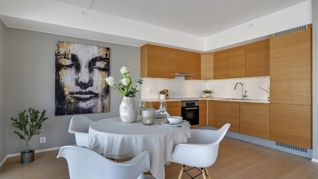 Det er integrert i innredningen et kjøl/fryseskap, oppvaskmaskin, induksjonstopp og stekeovn