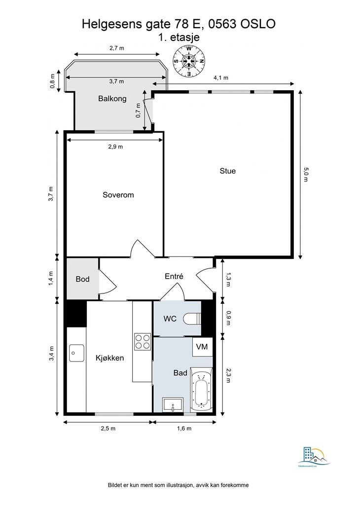 Leiligheten inneholder entré, stue/kjøkken, balkong, bad, toalettrom og soverom av god størrelse. Det er god lagringsplass i kjeller- og loftsboder. 