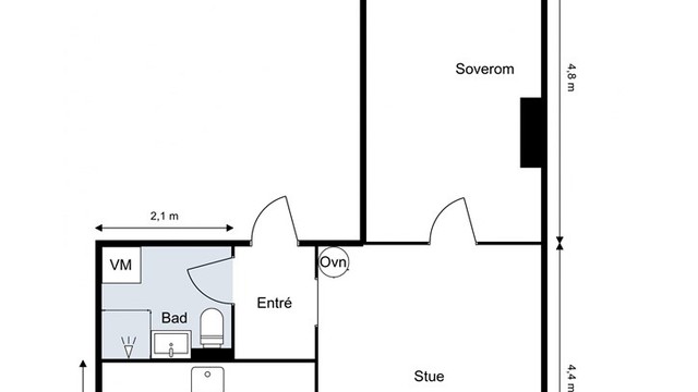 Leiligheten på 47 m² har en gjennomtenkt planløsning med entré, bad, soverom og åpen stue-kjøkkenløsning.