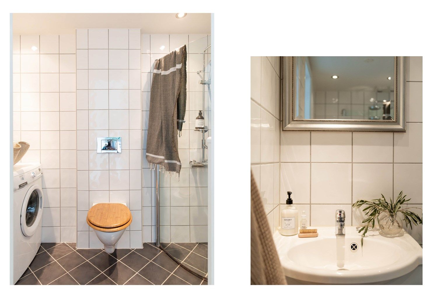 Videre er det en heldekkende servant med skuffeinnredning, speil og skapinnredning på vegg.