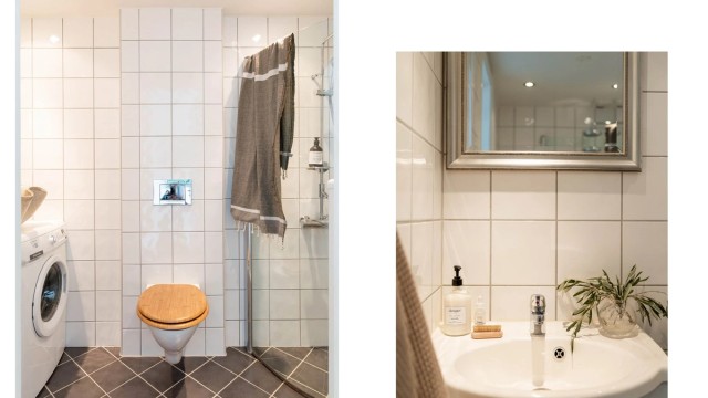 Videre er det en heldekkende servant med skuffeinnredning, speil og skapinnredning på vegg.