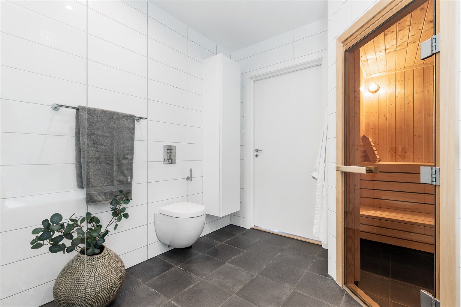 Badstue og vegghengt toalett.