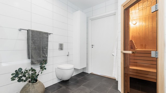 Badstue og vegghengt toalett.