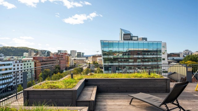 Takterrassen har parsellkasser, pergola og flere sittegrupper som kan benyttes av beboerne.