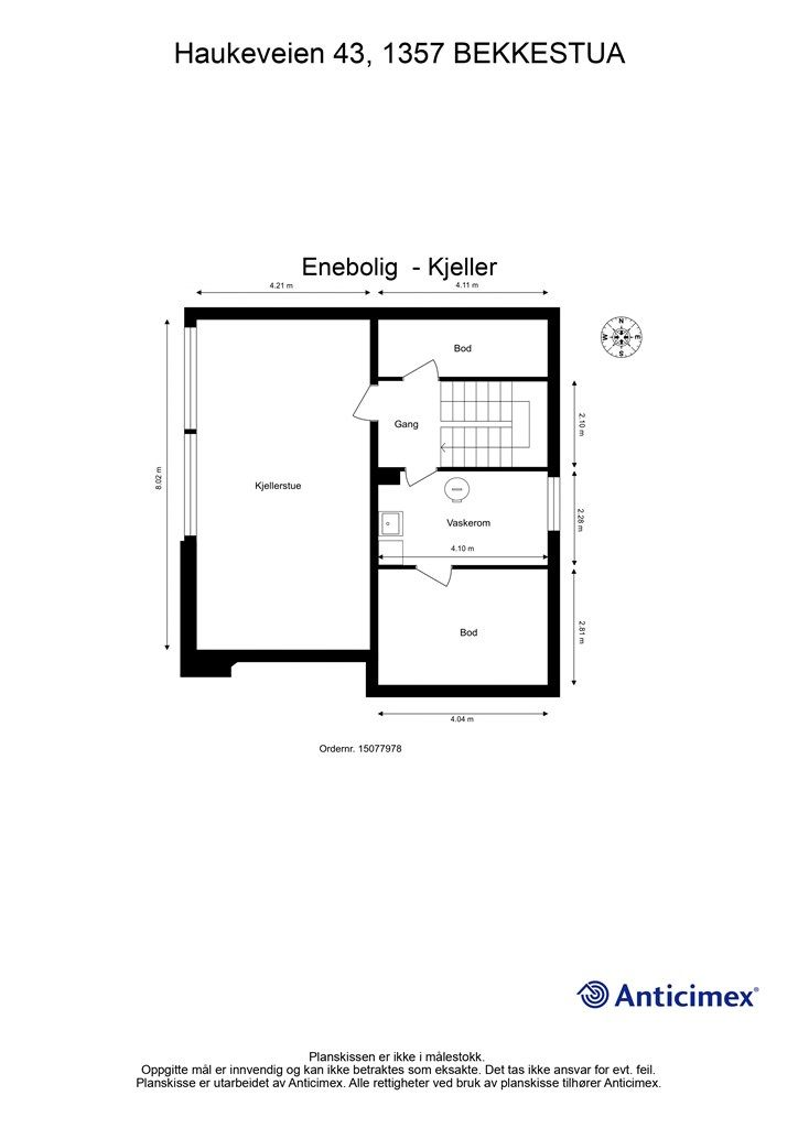 Plantegning kjeller. Illustrasjonen er ikke i målestokk og avvik kan forekomme.