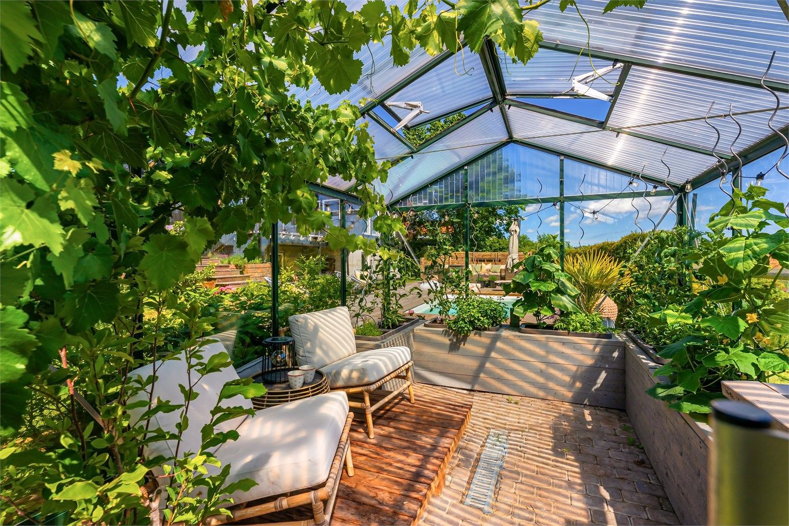 Inne i drivhuset er det god plass til både planter og en liten sittegruppe.