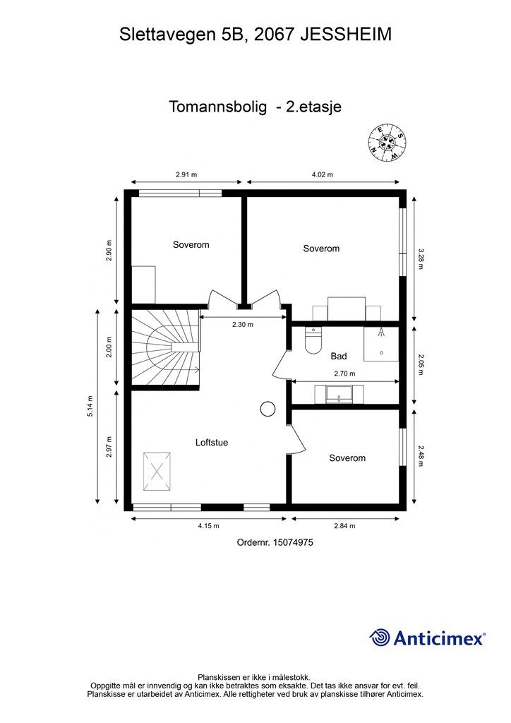 Plantegning med innvendige mål og himmelretning. 