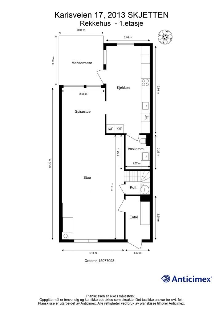Plantegning for 1. etasje, som viser entré, vaskerom, stue, spisestue og kjøkken.