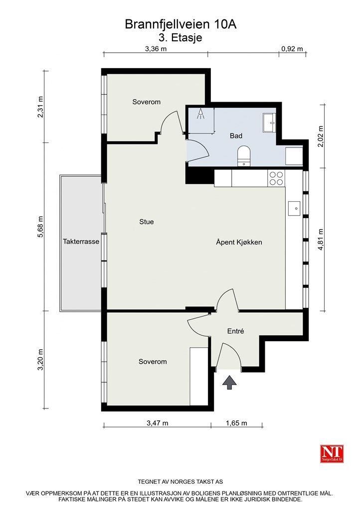 Leiligheten har en gjennomtenkt planløsning på 59 m² med to soverom og en sosial, åpen sone.