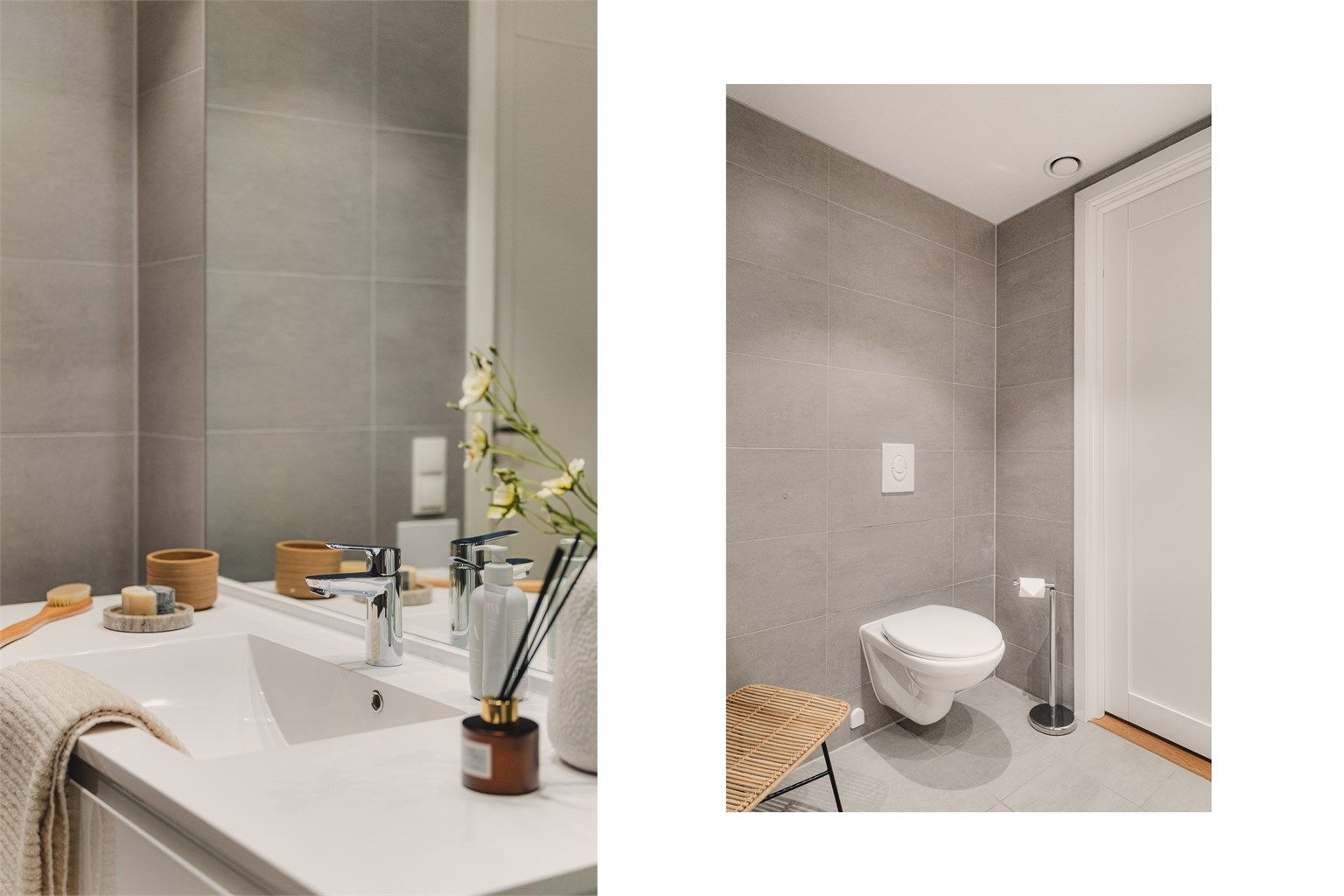 Badet er utstyrt med vegghengt toalett og dusjhjørne med glassdører.