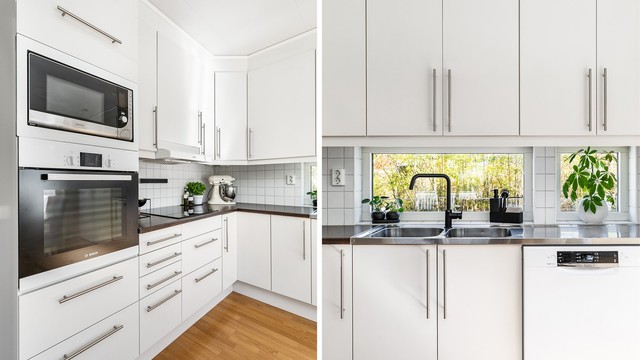 Under matlaging er det meget praktisk med hendige arbeidsflater på benkene, stekeovn i ergonomisk riktig høyde og stålbeslag i vaskesonen. Blandebatteriet er av nyere dato.