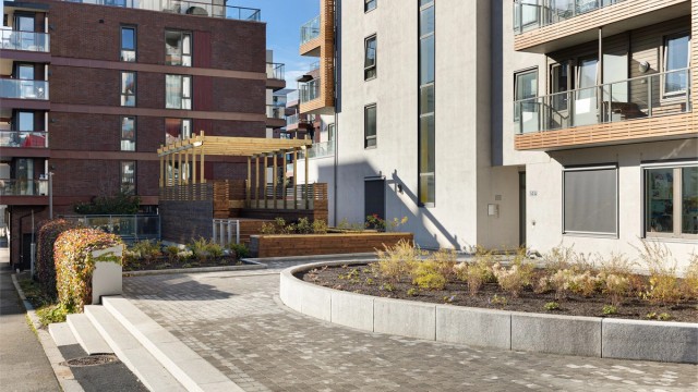 Opparbeidet felles gårdsrom med frodig beplantning, sitteplasser og pergola like ved inngangspartiet. Et hyggelig møtested for naboer og en grønn pause rett utenfor døren.