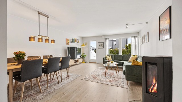 En peisovn fra 2013 gir god varme og en hyggelig atmosfære i rommet.