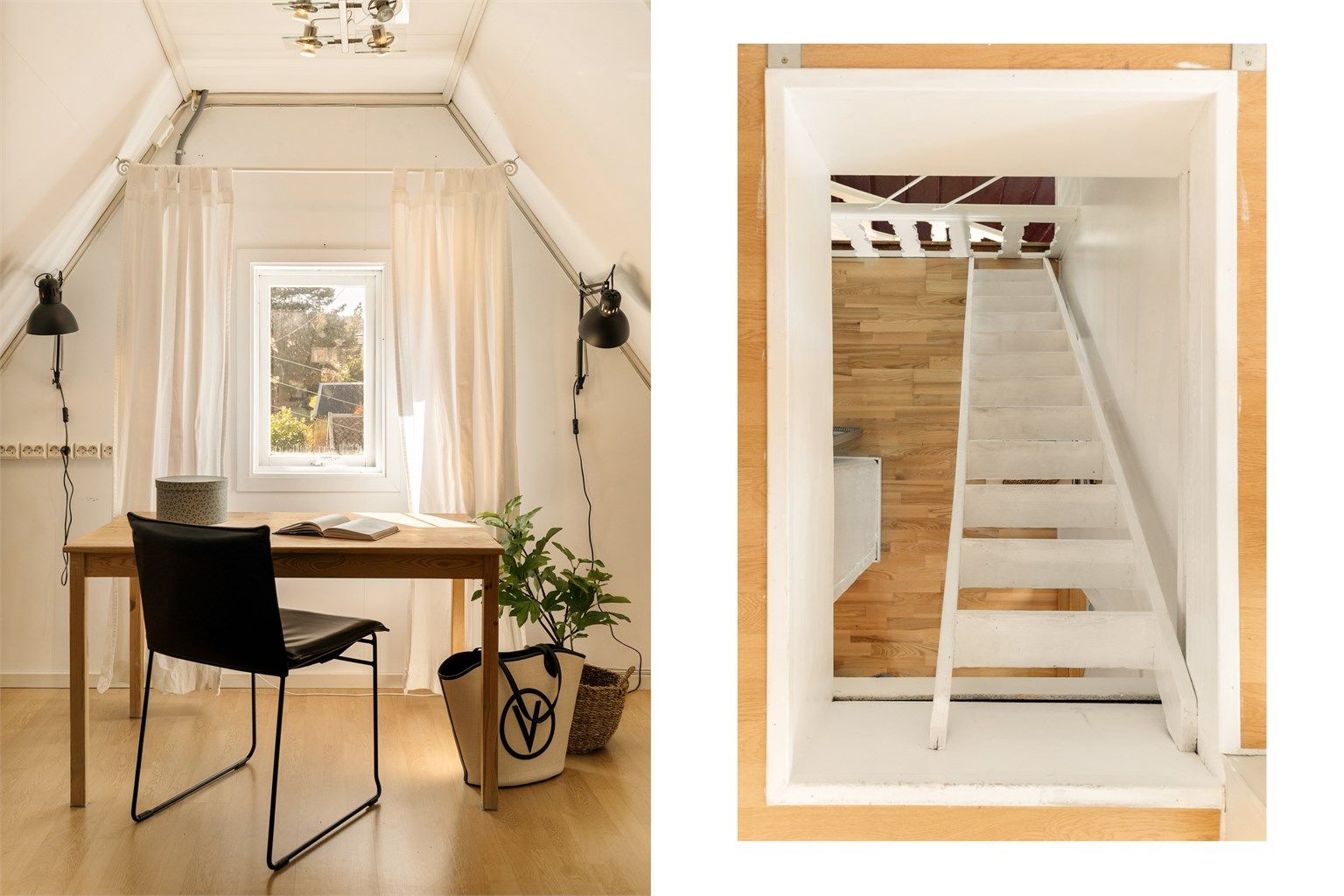- Det går en trappestige opp til loftsetasjen hvor man finner en loftstue og to boder -