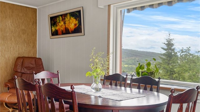 Fra spisestuen er det utsikt til nærområdet via vindu ved spisestuen