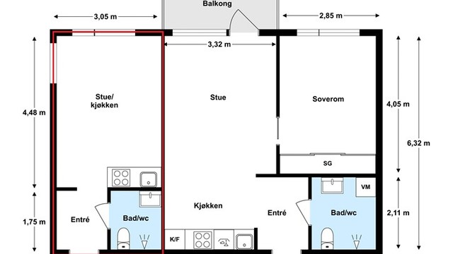 Utleiedel er markert med rødt.