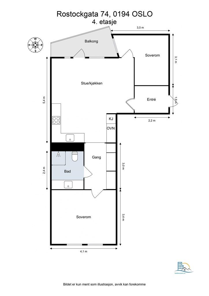 Leilighetens planløsning gir god størrelse på alle rom. 