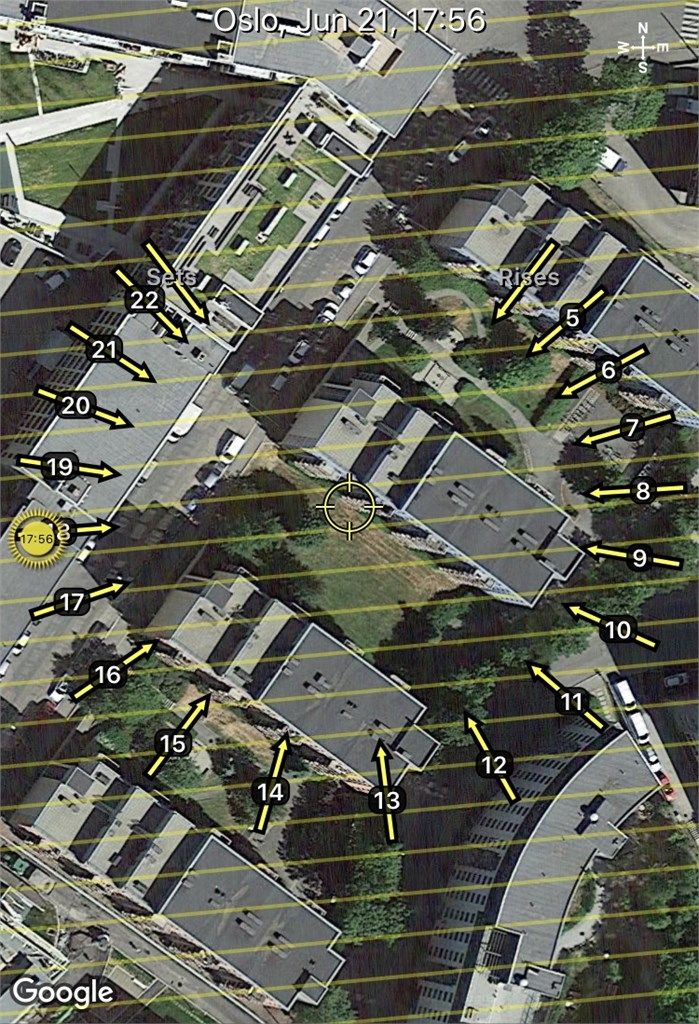 Solkart er kun ment som en illustrasjon over solforholdene midtsommers (21.6). Teknologien som brukes kan slå feil pga. kalibrering e.l. Solforhold må derfor også kontrolleres selv ved hjelp av kompass, kart eller egen app hvis dette er av betydning