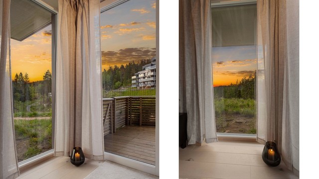 Gjennomførte farge- og materialvalg gir boligen et moderne, harmonisk og innbydende uttrykk.