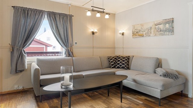 Rommet har gulvflater av parkett og laminat, og god plass til sofagruppe.