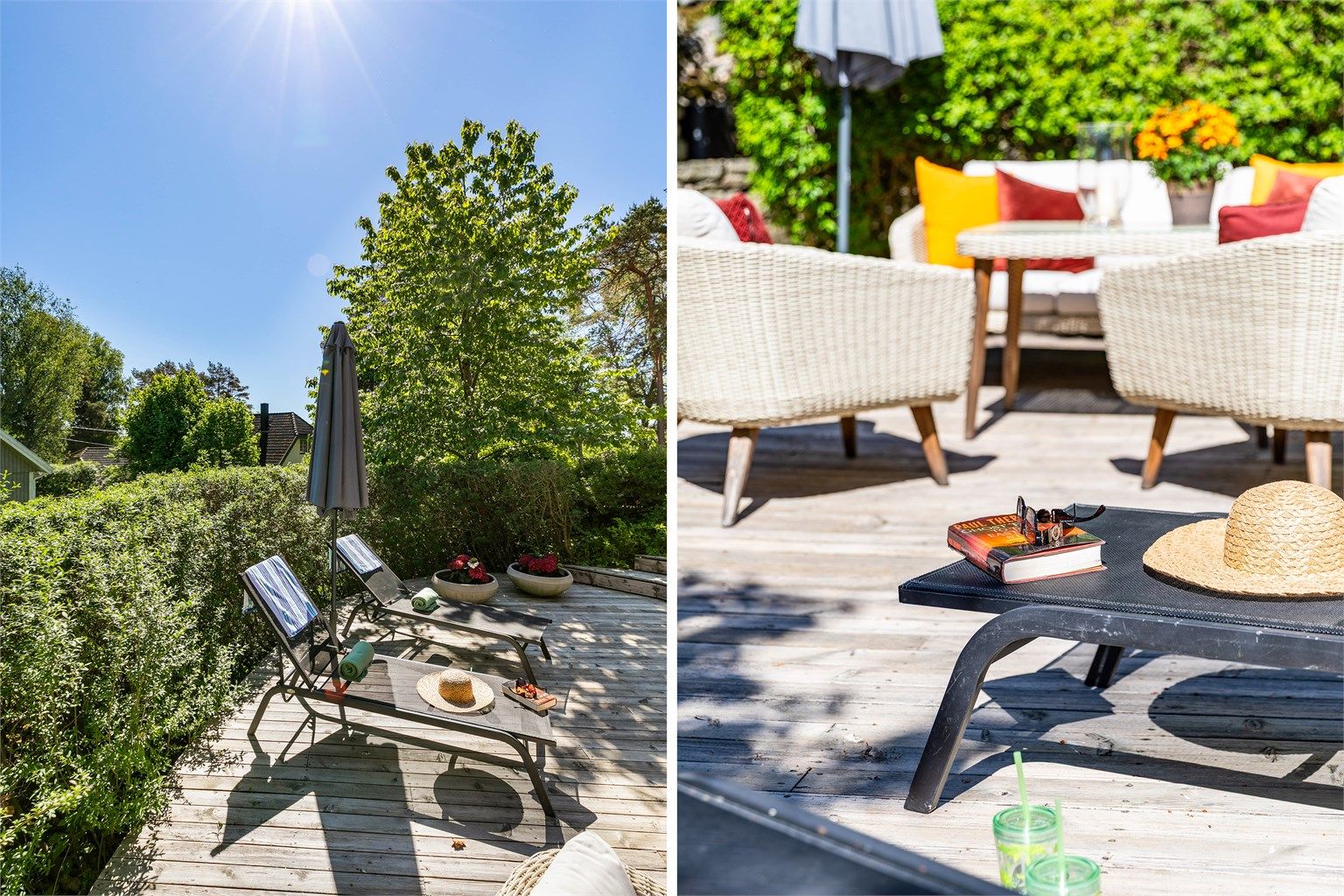 Rundt ytterveggene er det alltid et sted med sol å oppdrive gjennom dagen. Svalende skygge finnes også flere steder ettersom solen flytter seg.