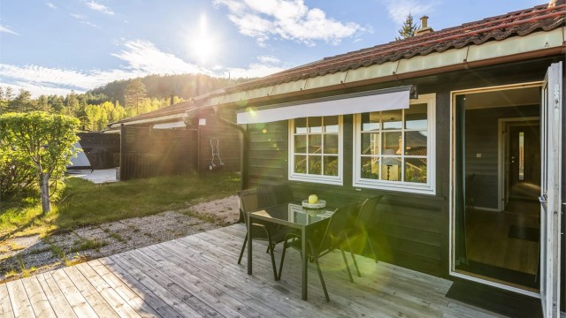 Ytterdøren er i en sandwichkonstruksjon med isolerglassfelt.
