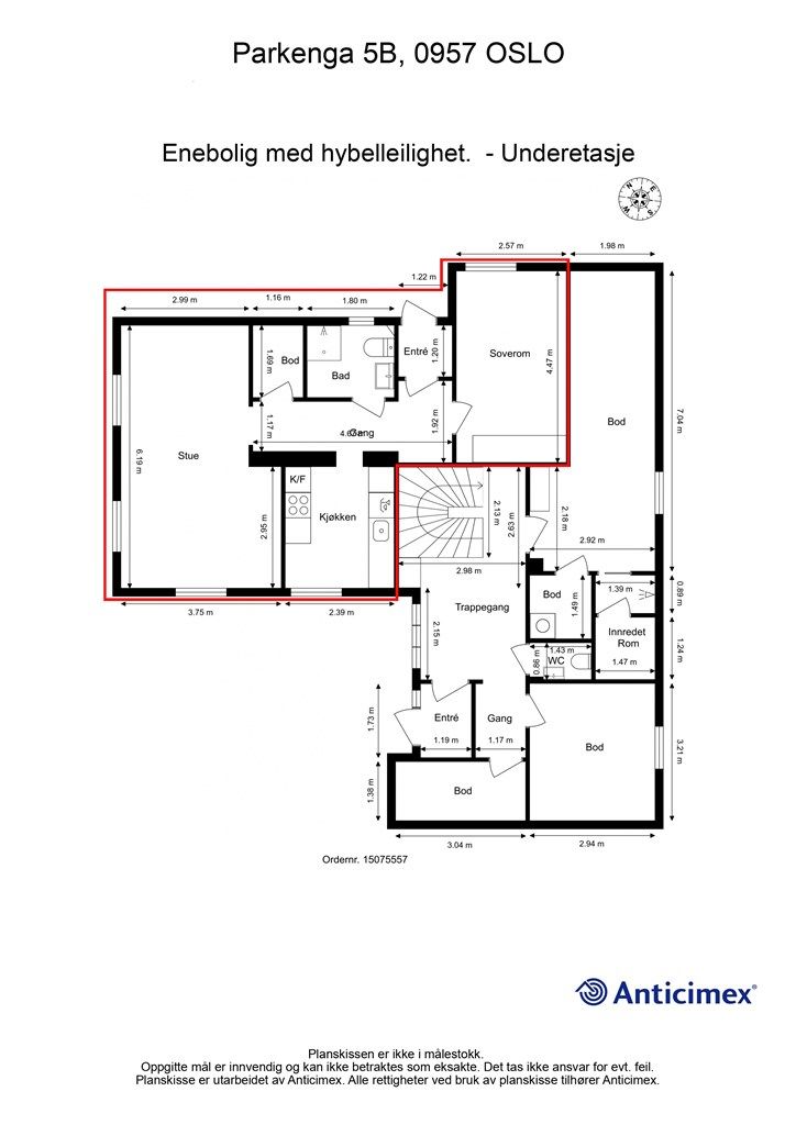 Plantegning - underetasje - hybeldel markert 