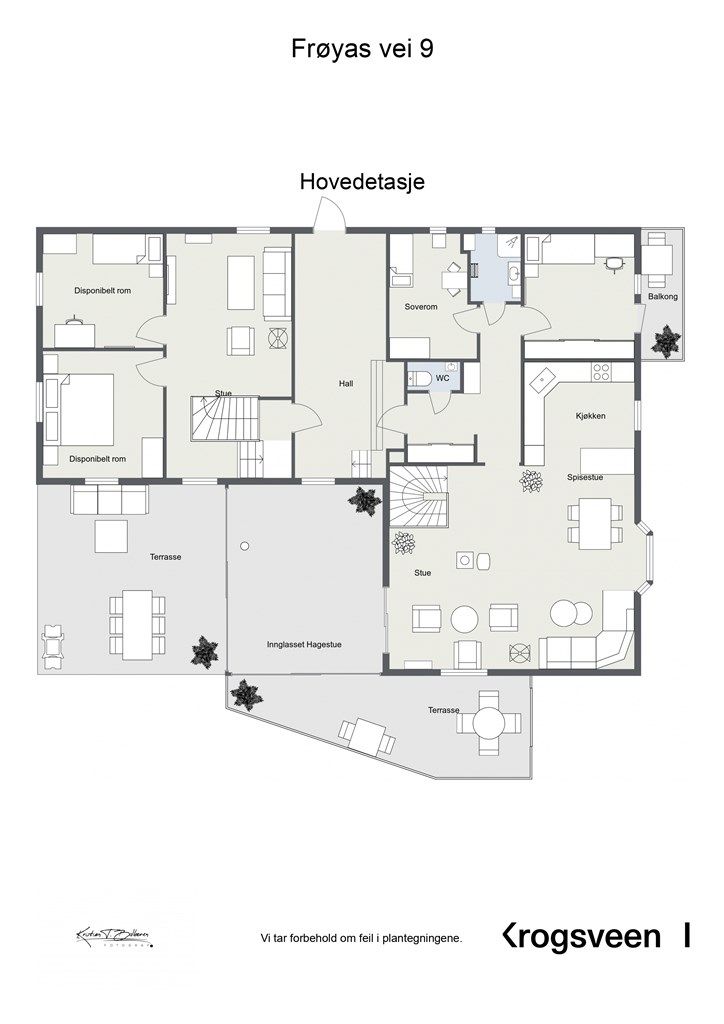 Plantegning hovedetasje. Rom i tilbygg (loftsstue og 2 disponible rom) er ikke søkt godkjent for varig opphold. 
